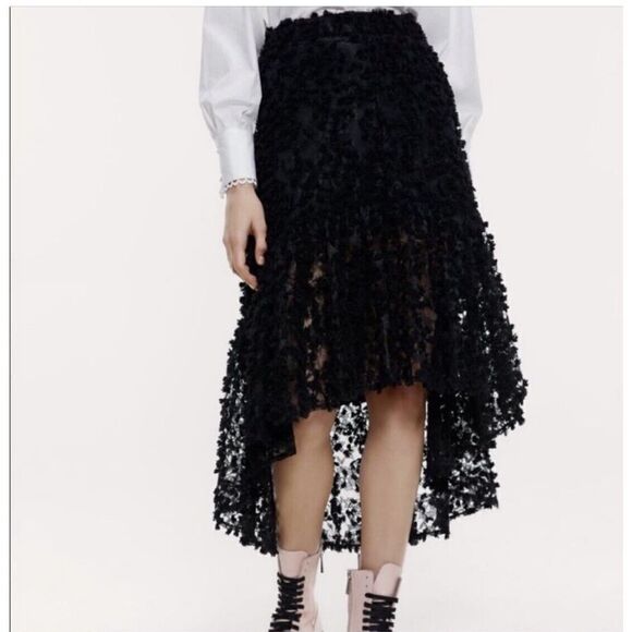 NWOT Zara High Low Black Ruffle Embellished Skirt Women’s M - Picture 1 of 9